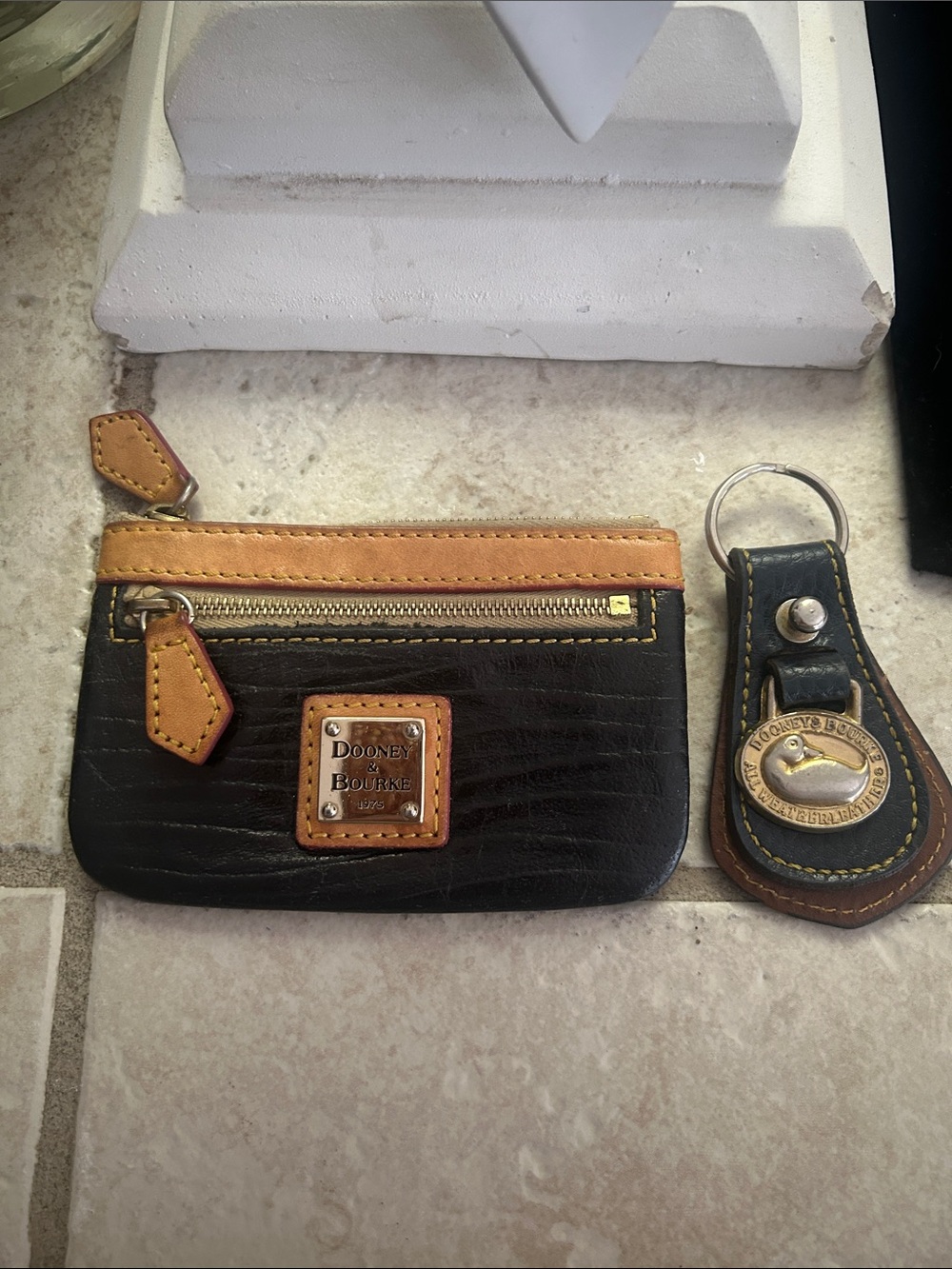 Dooney & Bourke Black and Tan Leather Coin Pouch with Key Fob